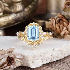 Vintage 4-Prong Emerald-Cut Aquamarine Ring Set