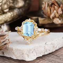 Vintage 4-Prong Emerald-Cut Aquamarine Ring Set