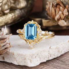 Vintage 4-Prong Emerald-Cut Aquamarine Ring Set