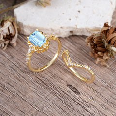Vintage 4-Prong Emerald-Cut Aquamarine Ring Set