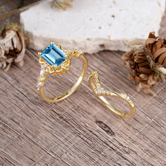Vintage 4-Prong Emerald-Cut Aquamarine Ring Set