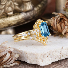 Vintage 4-Prong Emerald-Cut Aquamarine Ring Set