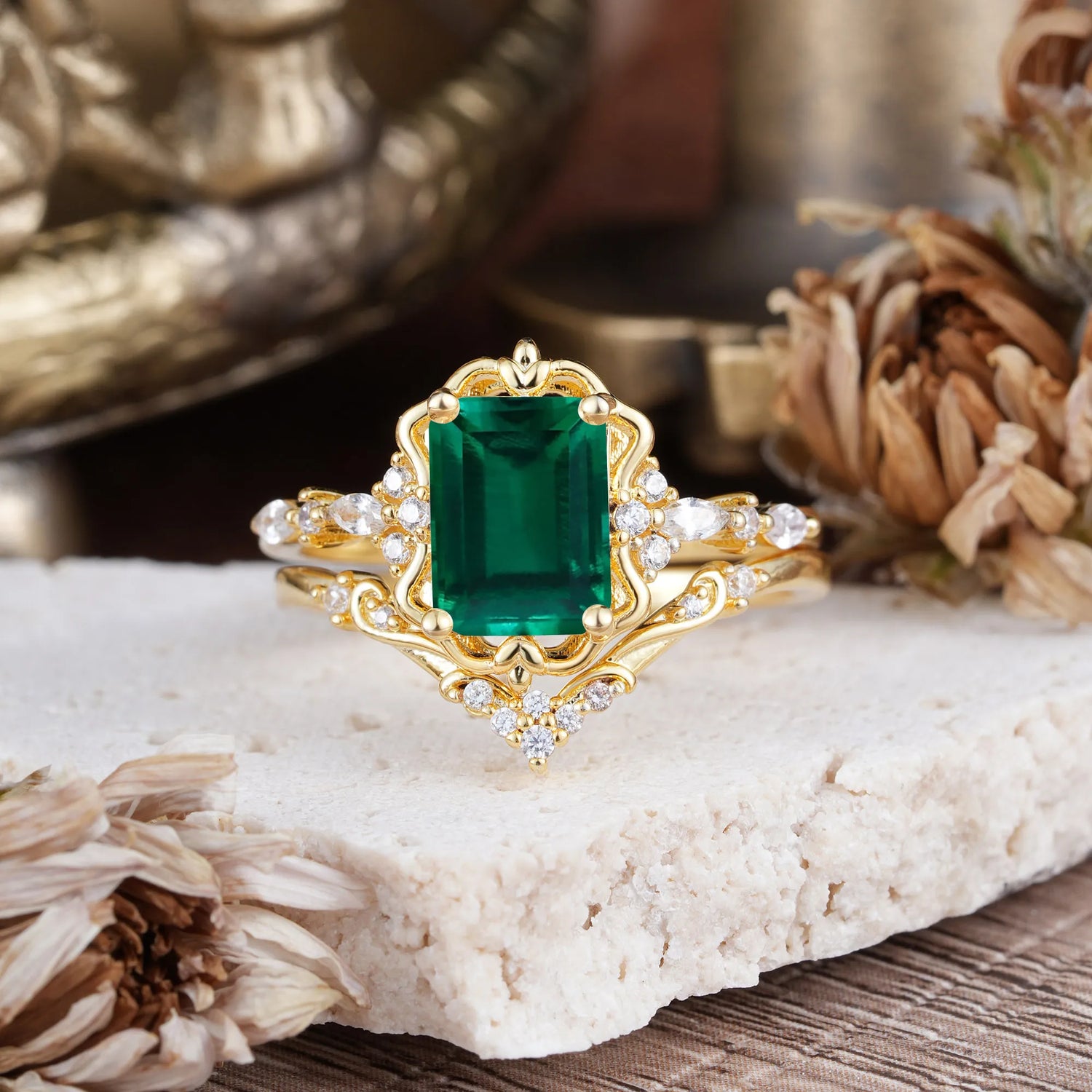 Vintage 4-Prong Emerald-Cut Peridot Bridal Ring Set
