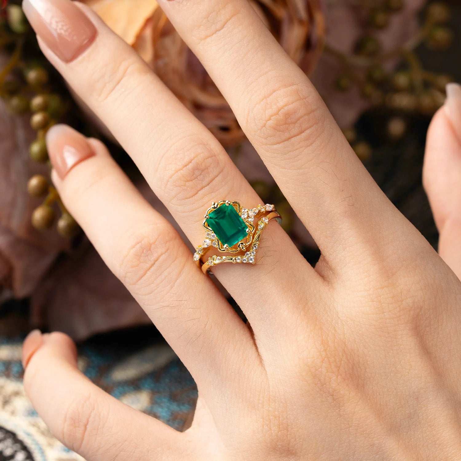 Vintage 4-Prong Emerald-Cut Peridot Bridal Ring Set