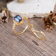 Vintage 4-Prong Emerald-Cut Alexandrite Ring Set