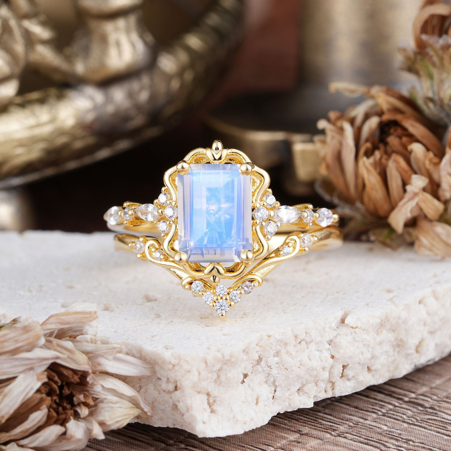 Vintage 4-Prong Emerald-Cut Moonstone Bridal Ring Set