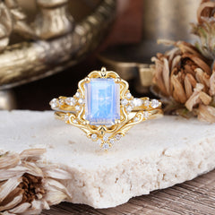 Vintage 4-Prong Emerald-Cut Moonstone Ring Set