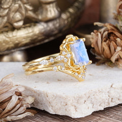 Vintage 4-Prong Emerald-Cut Moonstone Ring Set