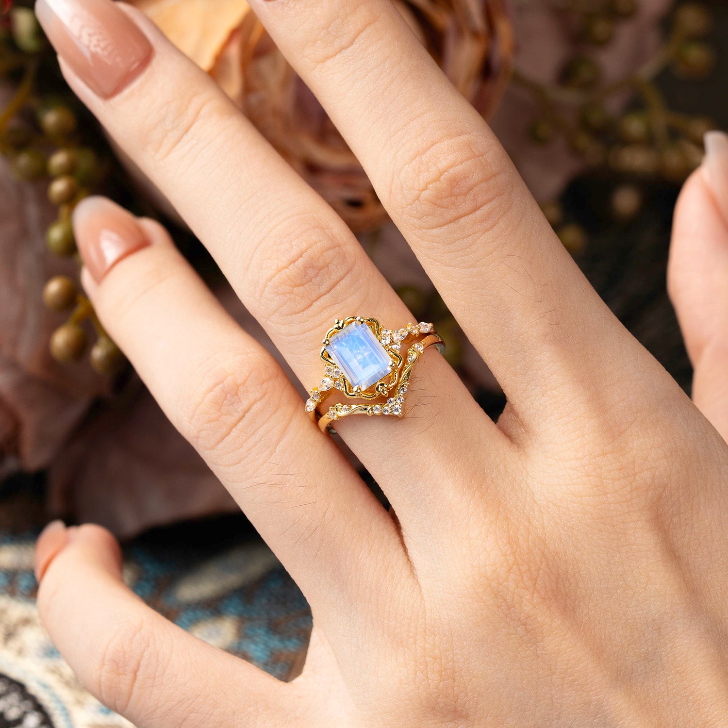 Vintage 4-Prong Emerald-Cut Moonstone Bridal Ring Set