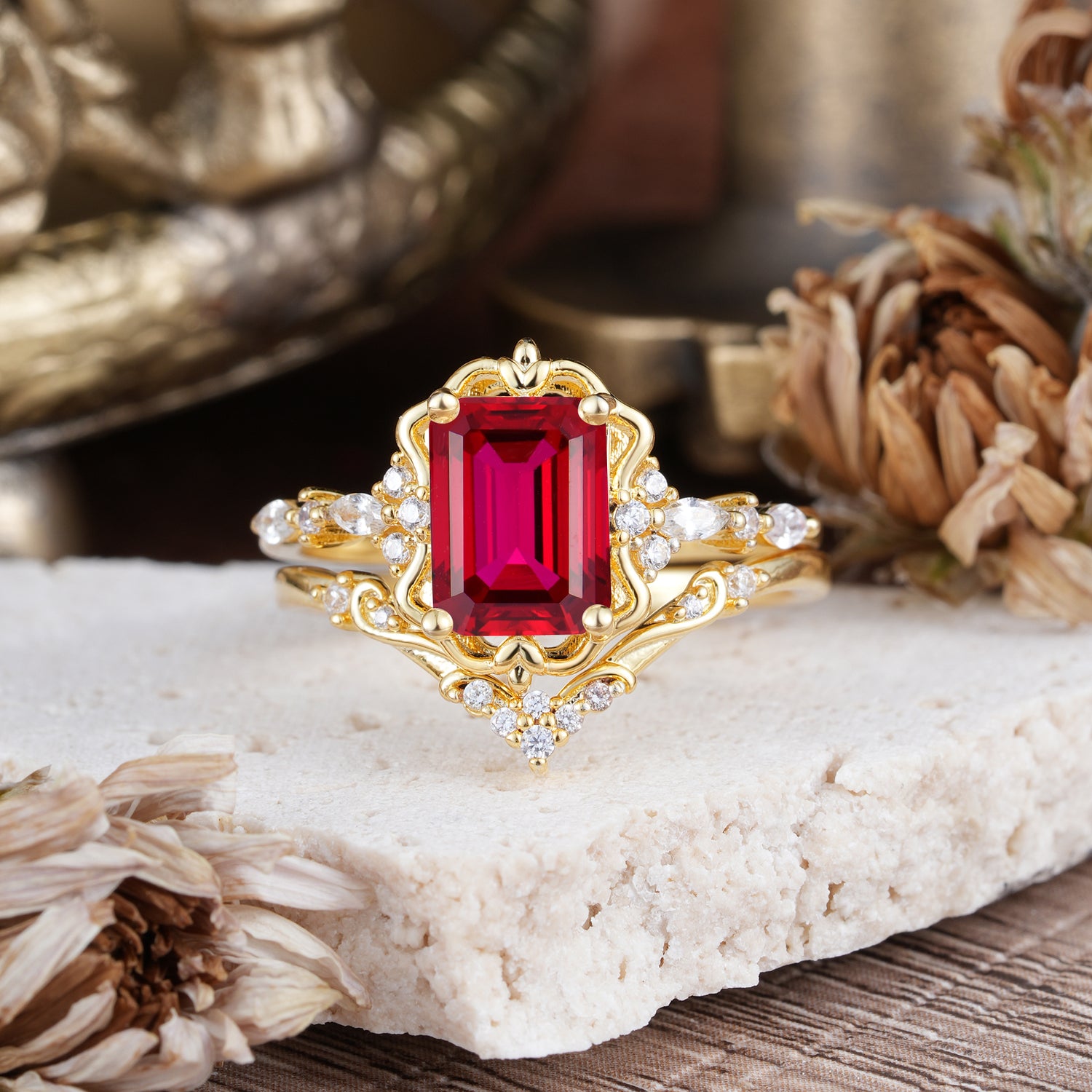 Vintage 4-Prong Emerald-Cut Ruby Bridal Ring Set