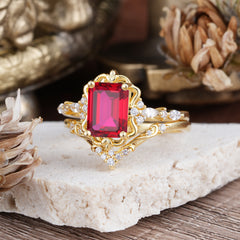 Vintage 4-Prong Emerald-Cut Ruby Ring Set