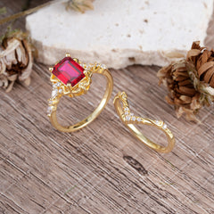 Vintage 4-Prong Emerald-Cut Ruby Ring Set