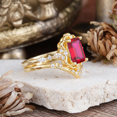 Vintage 4-Prong Emerald-Cut Ruby Ring Set