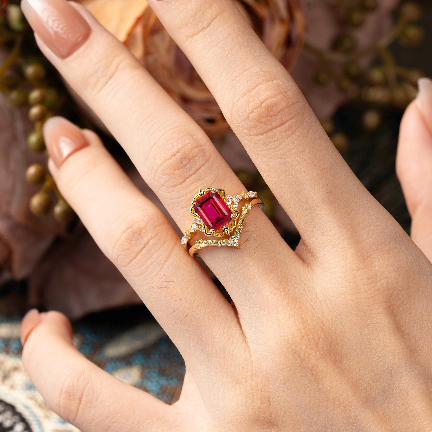 Vintage 4-Prong Emerald-Cut Ruby Bridal Ring Set