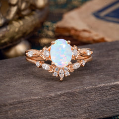 Elegant Oval Cut Opal Engagement Ring Set – 2PC