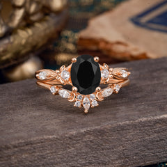Elegant Oval Cut Black Onyx Engagement Ring Set – 2PC