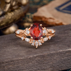 Elegant Oval Cut Garnet Engagement Ring Set – 2PC
