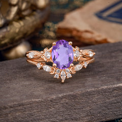 Elegant Oval Cut Amethyst Engagement Ring Set – 2PC
