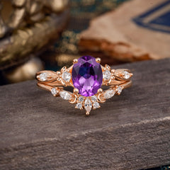 Elegant Oval Cut Amethyst Engagement Ring Set – 2PC