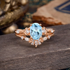 Elegant Oval Cut Aquamarine Engagement Ring Set – 2PC