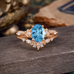 Elegant Oval Cut Aquamarine Engagement Ring Set – 2PC