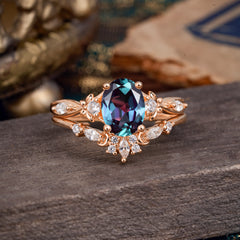 Elegant Oval Cut Alexandrite Engagement Ring Set – 2PC