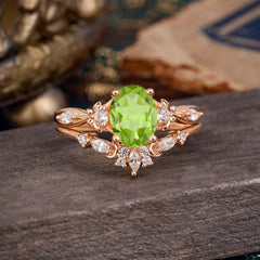Elegant Oval Cut Peridot Engagement Ring Set – 2PC