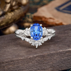Elegant Oval Cut Sapphire Engagement Ring Set – 2PC