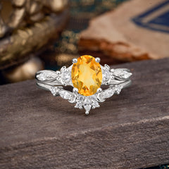 Elegant Oval Cut Citrine Engagement Ring Set – 2PC