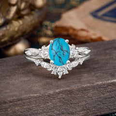 Elegant Oval Cut Turquoise Engagement Ring Set – 2PC