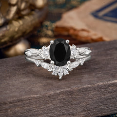 Elegant Oval Cut Black Onyx Engagement Ring Set – 2PC