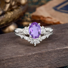 Elegant Oval Cut Amethyst Engagement Ring Set – 2PC