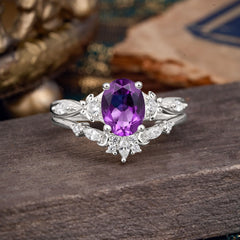 Elegant Oval Cut Amethyst Engagement Ring Set – 2PC