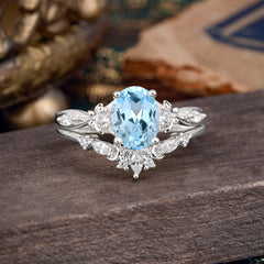 Elegant Oval Cut Aquamarine Engagement Ring Set – 2PC