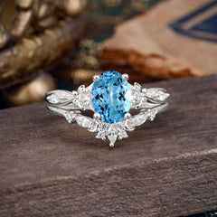 Elegant Oval Cut Aquamarine Engagement Ring Set – 2PC