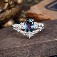 Elegant Oval Cut Alexandrite Engagement Ring Set – 2PC