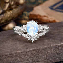 Elegant Oval Cut Moonstone Engagement Ring Set – 2PC