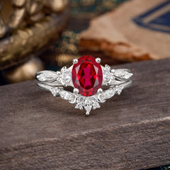 Elegant Oval Cut Ruby Engagement Ring Set – 2PC