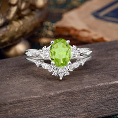 Elegant Oval Cut Peridot Engagement Ring Set – 2PC