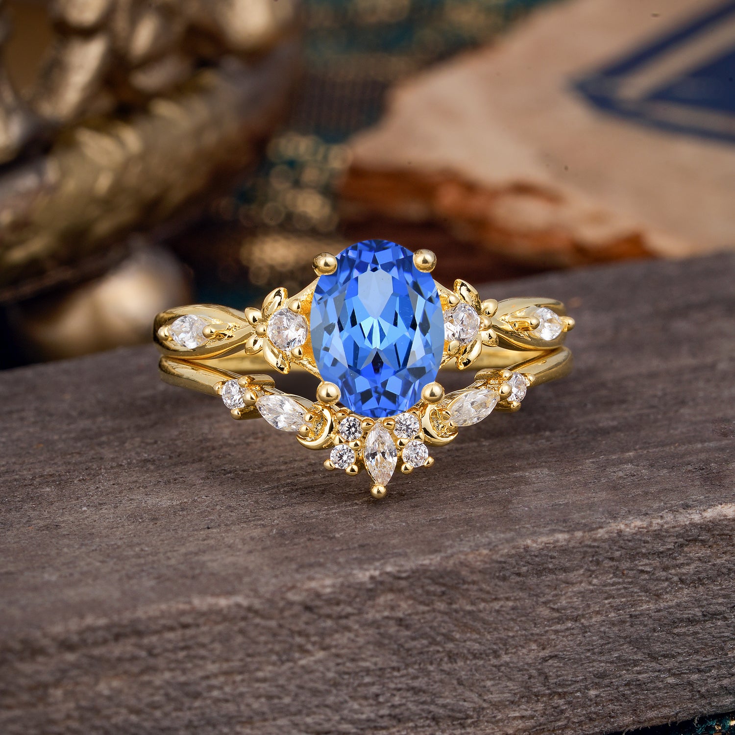 Elegant Oval Cut Sapphire Bridal Ring Set – 2PC