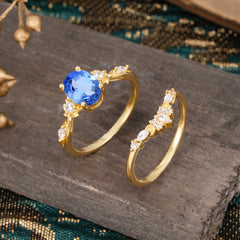 Elegant Oval Cut Sapphire Engagement Ring Set – 2PC