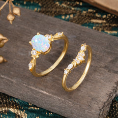Elegant Oval Cut Opal Engagement Ring Set – 2PC
