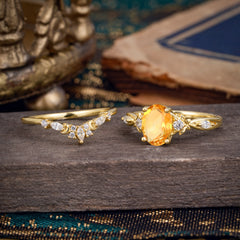 Elegant Oval Cut Citrine Engagement Ring Set – 2PC