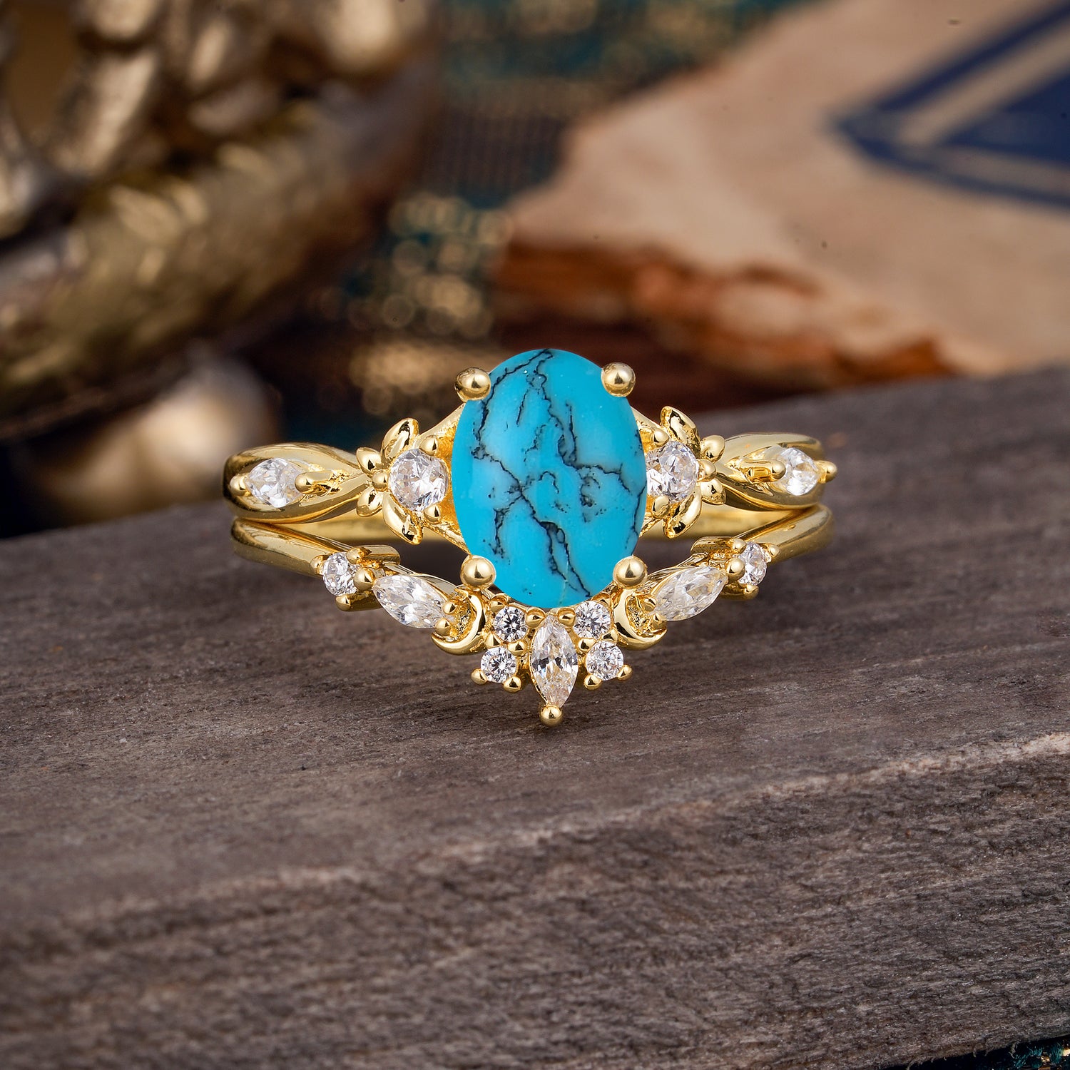Elegant Oval Cut Turquoise Bridal Ring Set – 2PC