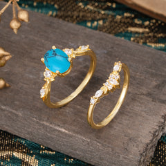 Elegant Oval Cut Turquoise Engagement Ring Set – 2PC