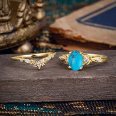 Elegant Oval Cut Turquoise Engagement Ring Set – 2PC