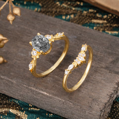 Elegant Oval Cut Black Rutilated Quartz Engagement Ring Set – 2PC