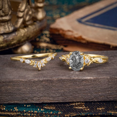 Elegant Oval Cut Black Rutilated Quartz Engagement Ring Set – 2PC