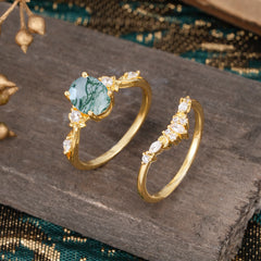 Nature-Inspired Moss Agate Engagement Ring Set – Oval Shape