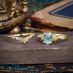Nature-Inspired Moss Agate Engagement Ring Set – Oval Shape